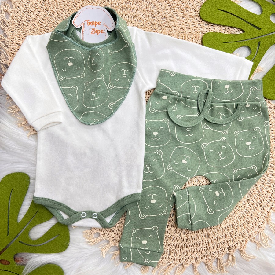 Conj. Body Manga Longa, Babador Bandana e Calça Ursinhos - Verde Conj. Body Manga Longa, Babador Bandana e Calça Ursinhos - Verde